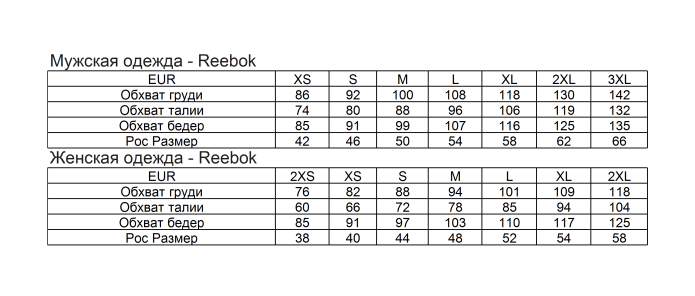 Reebok Размерная сетка женской одежды