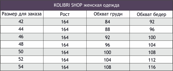 Размерная сетка платья Kolibri
