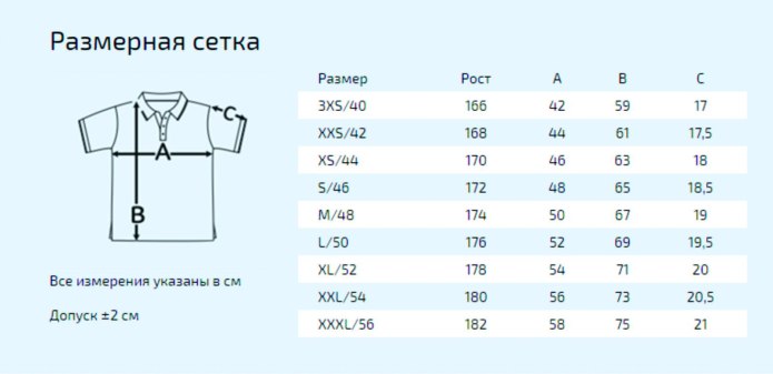 Размерная сетка рубашек Роберто Бруно
