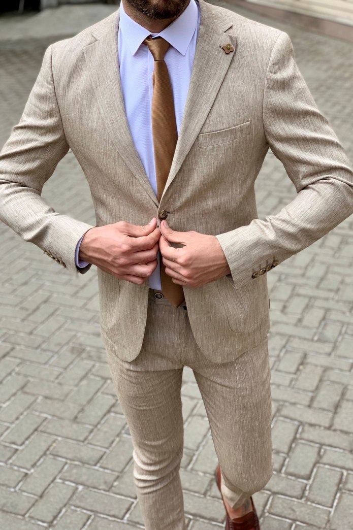 Latest Coat Pant Designs Beige men Suit Prom Tuxedo Slim Fit 3 piece Groom Wedding Suits for men Custom Blazer Terno Masuclino