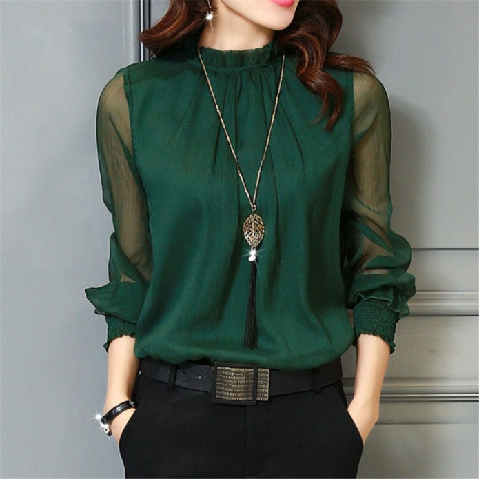 Chiffon Blouse New women Tops long Sleeve Stand Neck work Wear Shirts Elegant Lady Casual Blouses women's Blusas Plus Size New