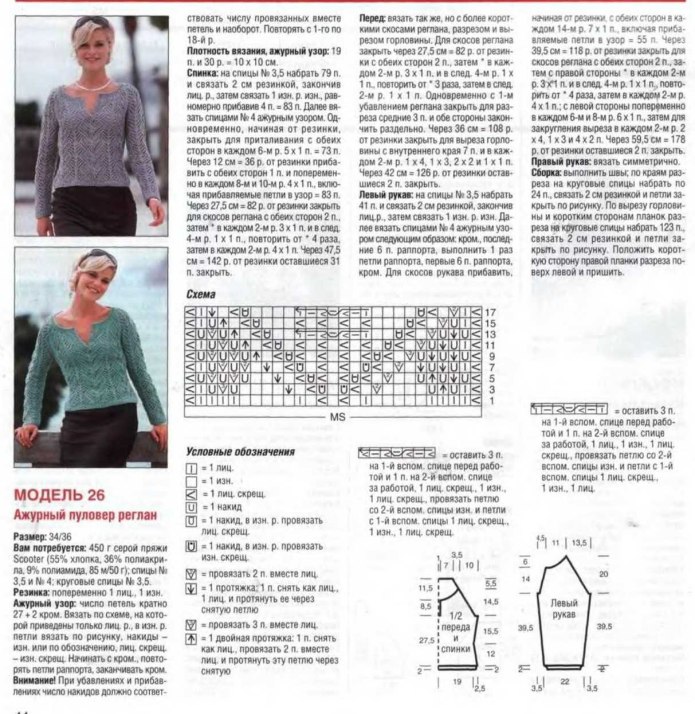 Джемпер спицами регланом сверху модели со схемами