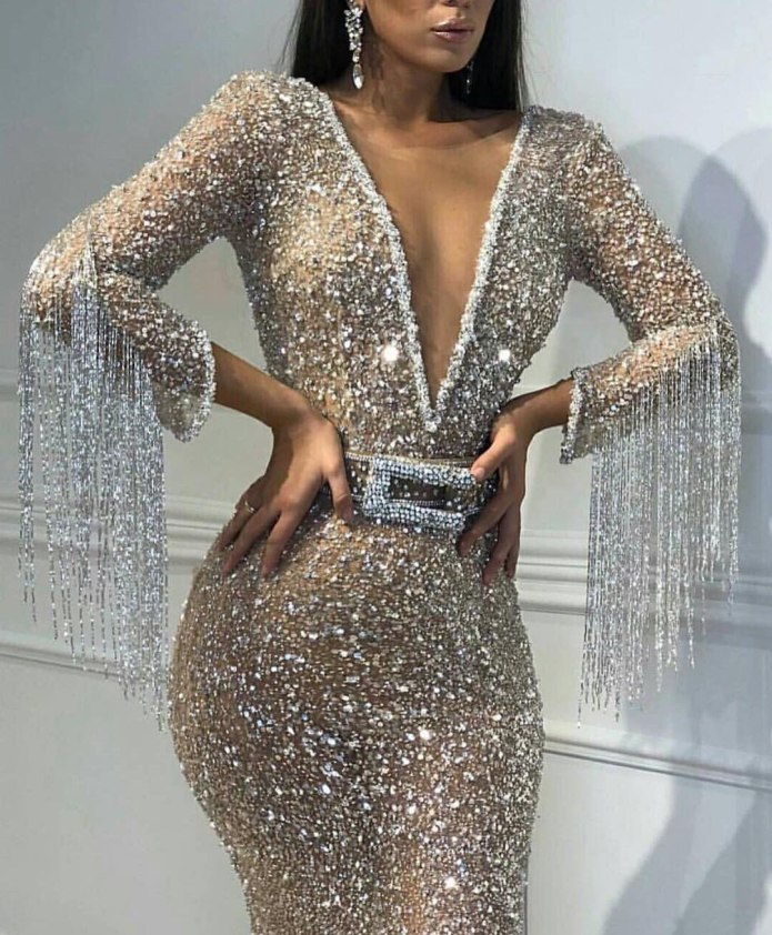 Zh1453q 2019 sexy Plunging v Neck Sparkly Silver Sequin Merm