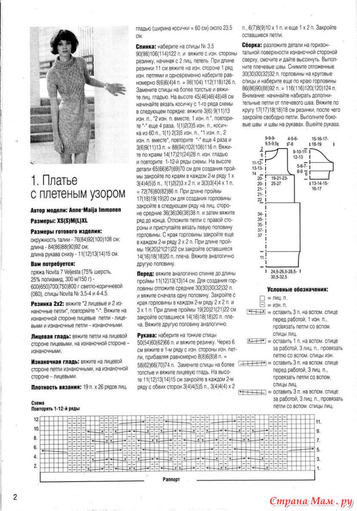 Длинное вязаное платье спицами с описанием и схемами