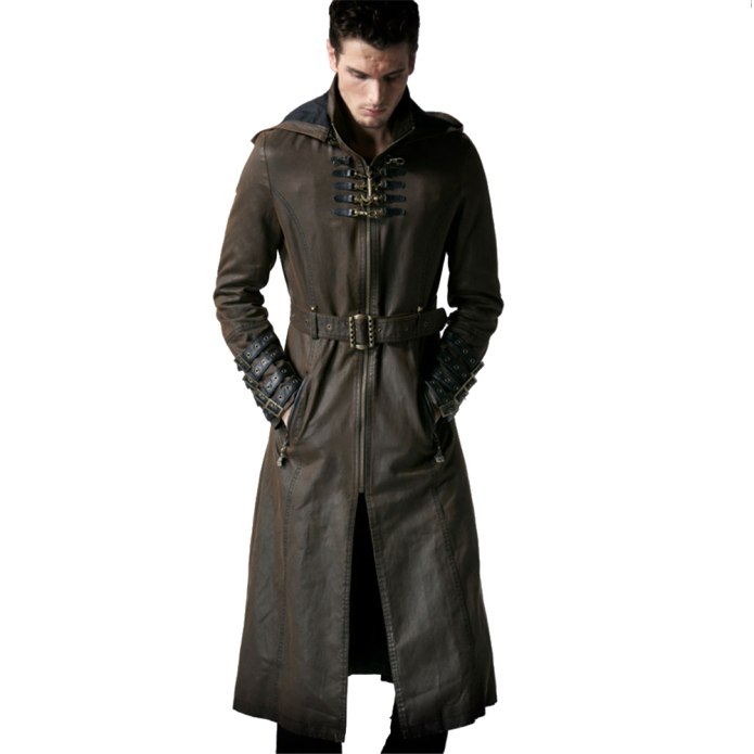 Mens Coat long Jacket Gothic Steampunk с капюшоном
