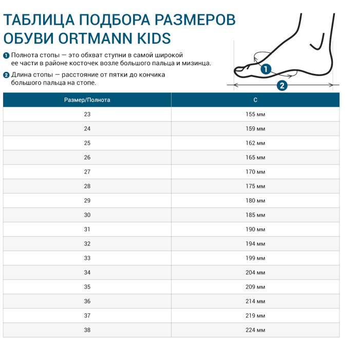 Детская обувь акула Размерная сетка
