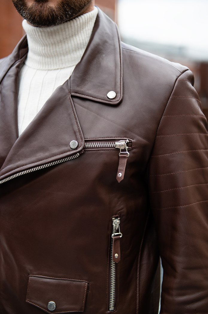 Brown Slim Fit Biker Genuine Leather