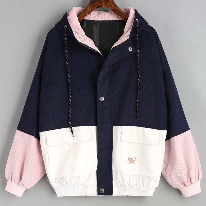 Hooded Color Block Corduroy Jacket