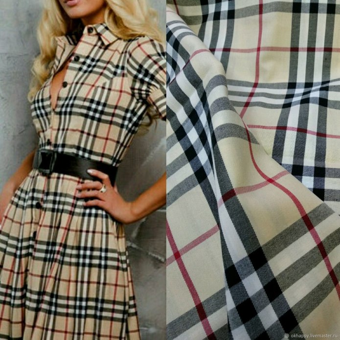 Платье в клетку бежево голубое