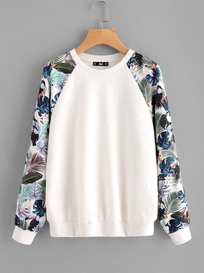 SHEIN Tropical Raglan Sleeve Textured Sweatshirt