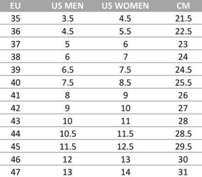 EUR Size обувь