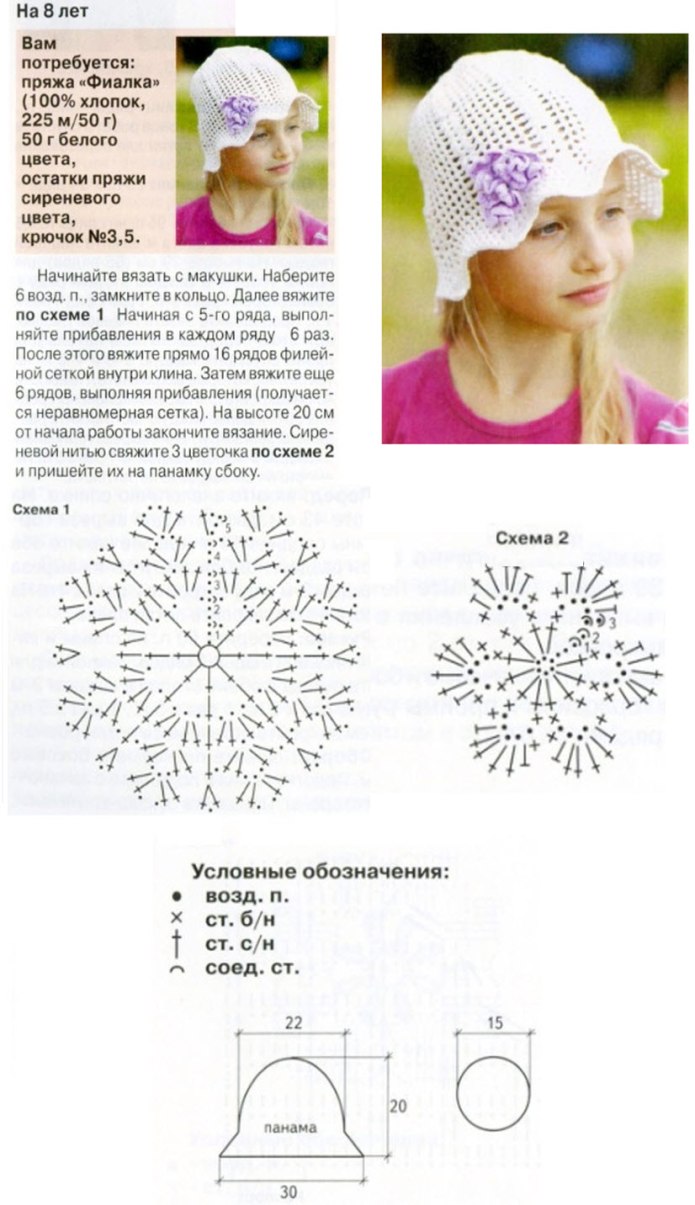 Панамка для девочки крючком на 2 года схема