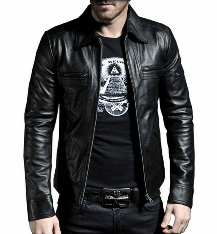 New men Genuine Lambskin Leather Jacket Black Slim Fit Biker Motorcycle Jacket