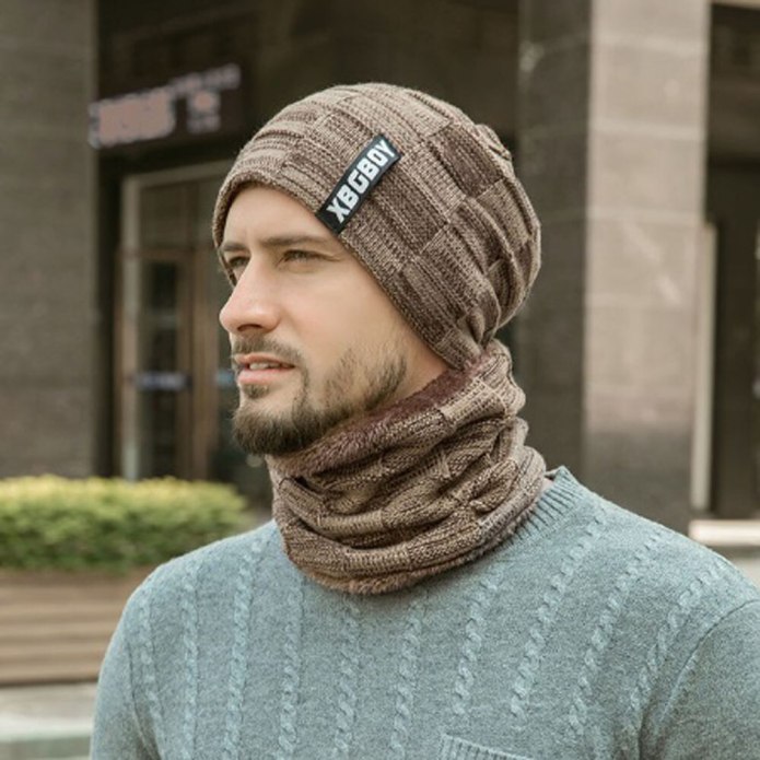 Шапка 2pcs men Winter warm Beanie Casual Thicken hat and Scarf Knit Windproof cap