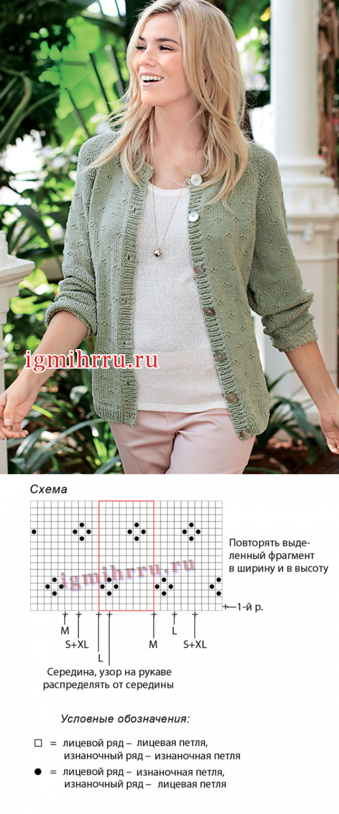 Кофта на пуговицах реглан сверху спицами