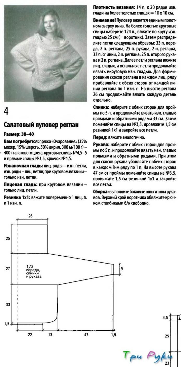 Джемпер регланом сверху спицами схема