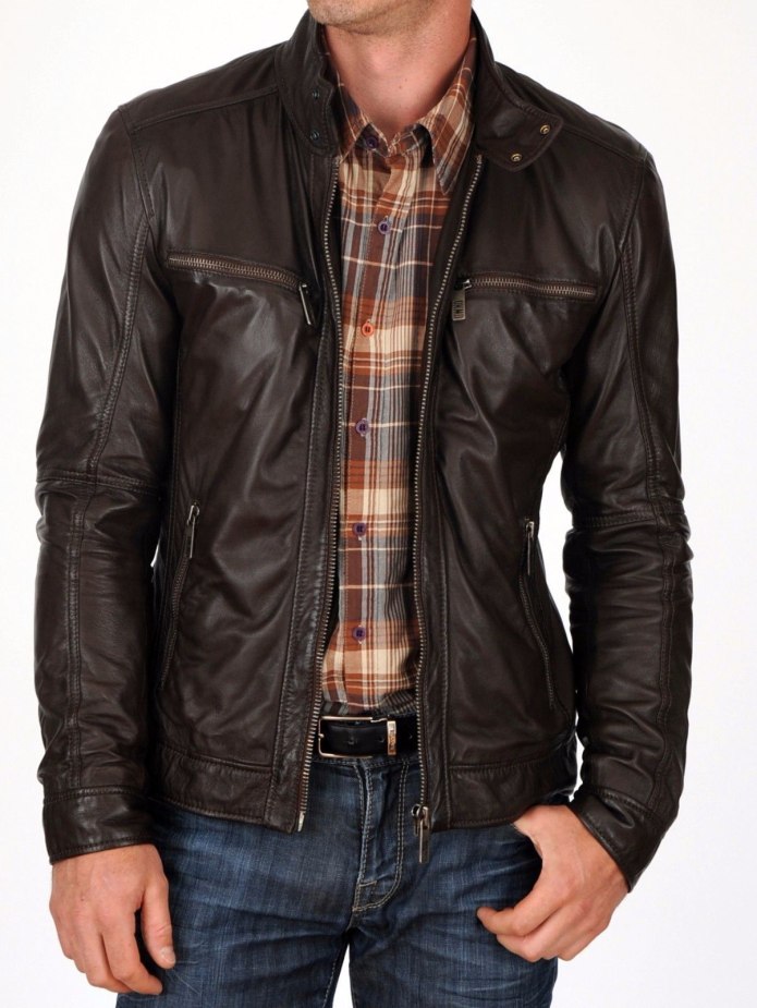 Mens Leather fur Collar куртка коричневая