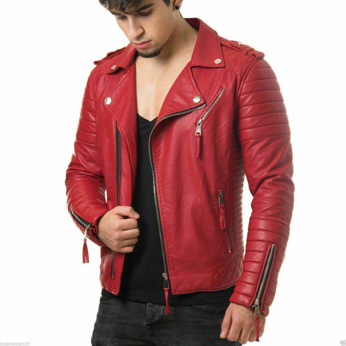 Красная кожаная мотоциклетная куртка real Leather