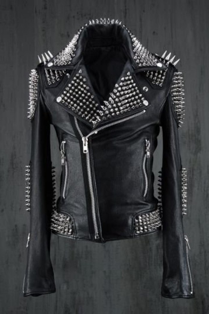 Studded Leather Jacket women Handmade Full Black Punk long Spikes Jacket