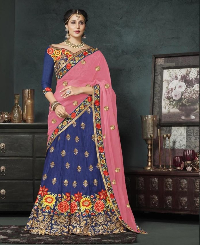 Indigo Printed Cotton Saree with Blouse