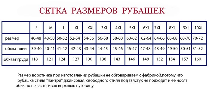 Размер по вороту рубашки таблица
