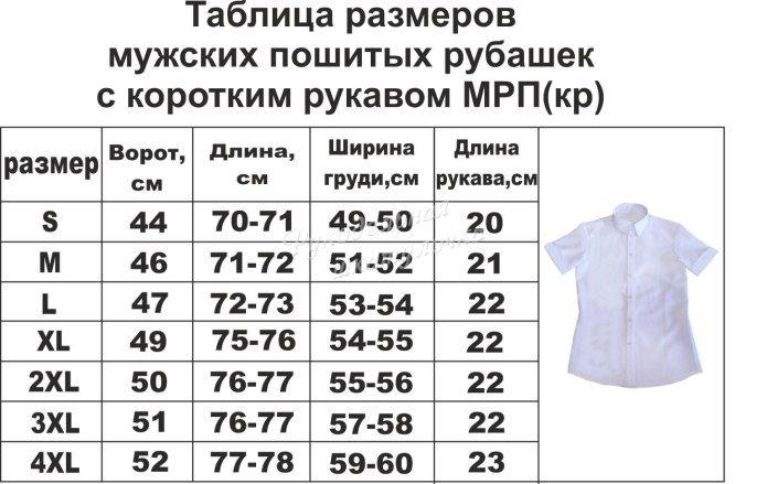 Таблица мужских рубашек