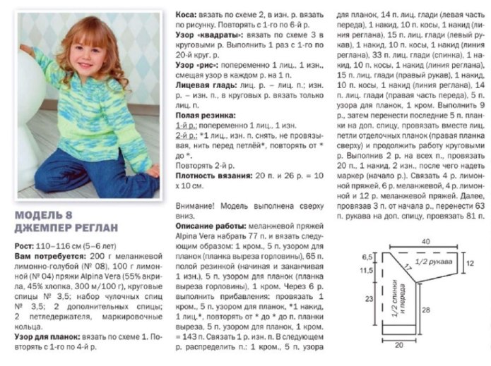 Кофта реглан для девочки 4 года спицами