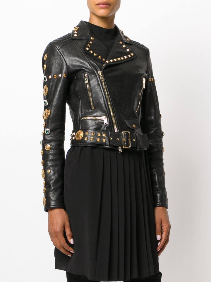 Studded Leather Jacket women Handmade Full Black Punk long Spikes Jacket