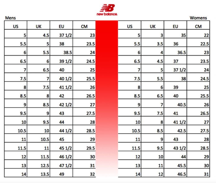 New Balance Размерная сетка детской обуви