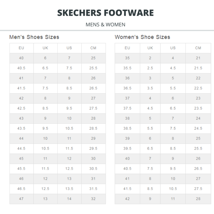 Skechers Размерная сетка