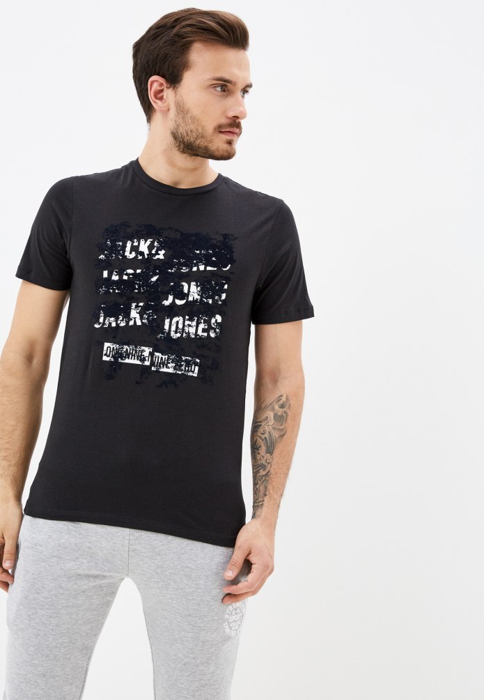Футболка черная принт Navy металлик Jack Jones