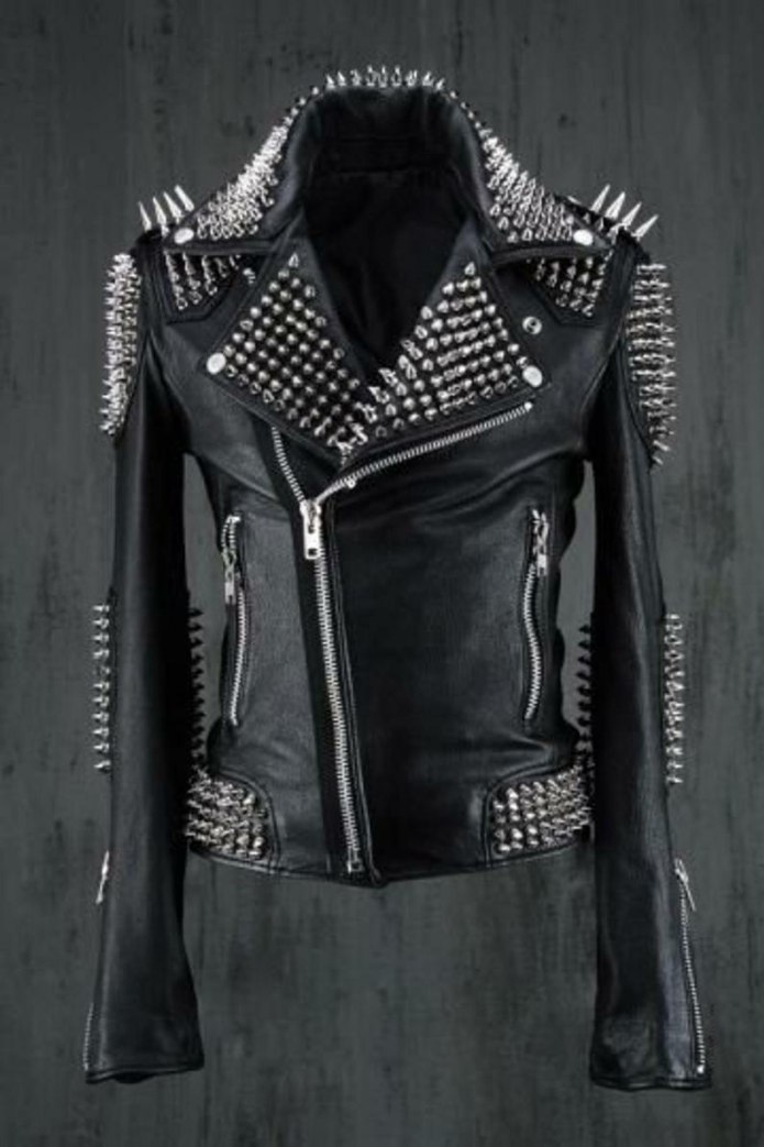 Studded Leather Jacket women Handmade Full Black Punk long Spikes Jacket