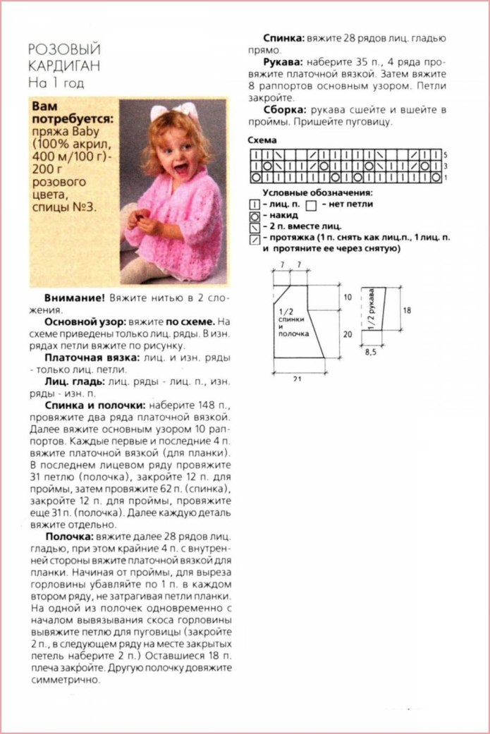 Вязание спицами кофточки для девочки 2 лет с описанием и схемами