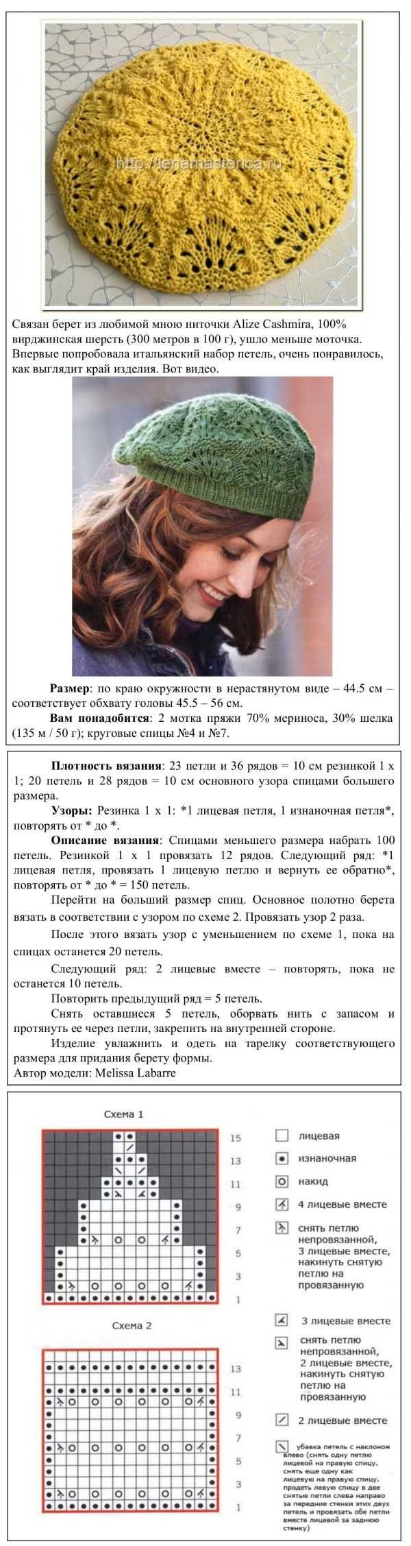 Женский берет спицами с описанием и схемами для начинающих