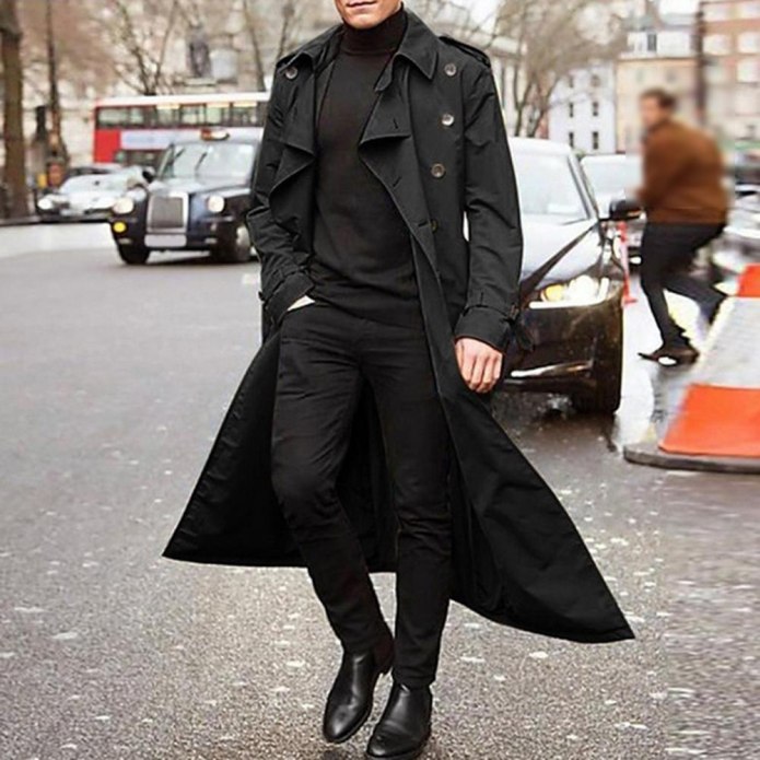 Мужской чёрный плащ Trench Coat
