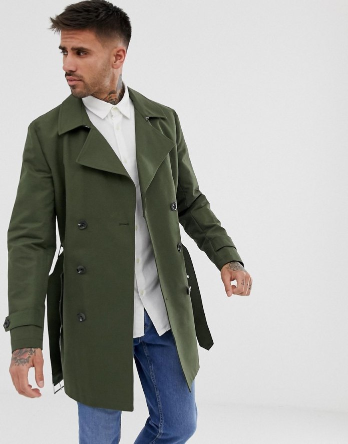 Двубортный тренч цвета хаки ASOS Design