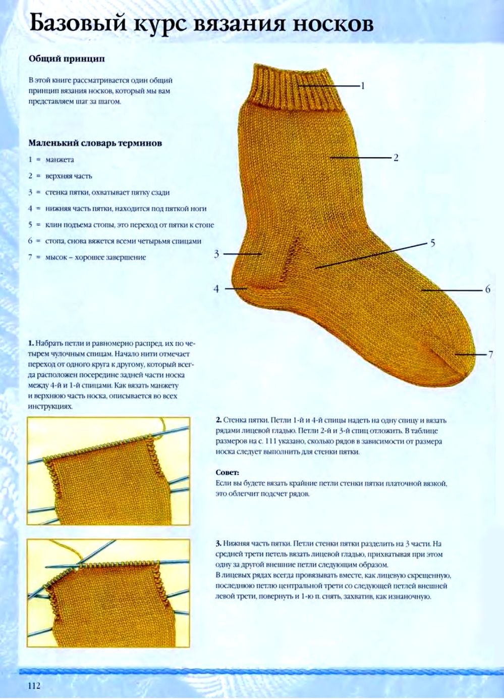 Схема вязания носков спицами пятка