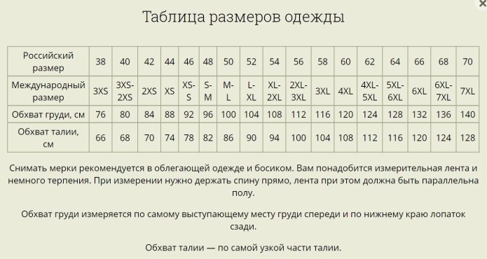 Таблица размеров