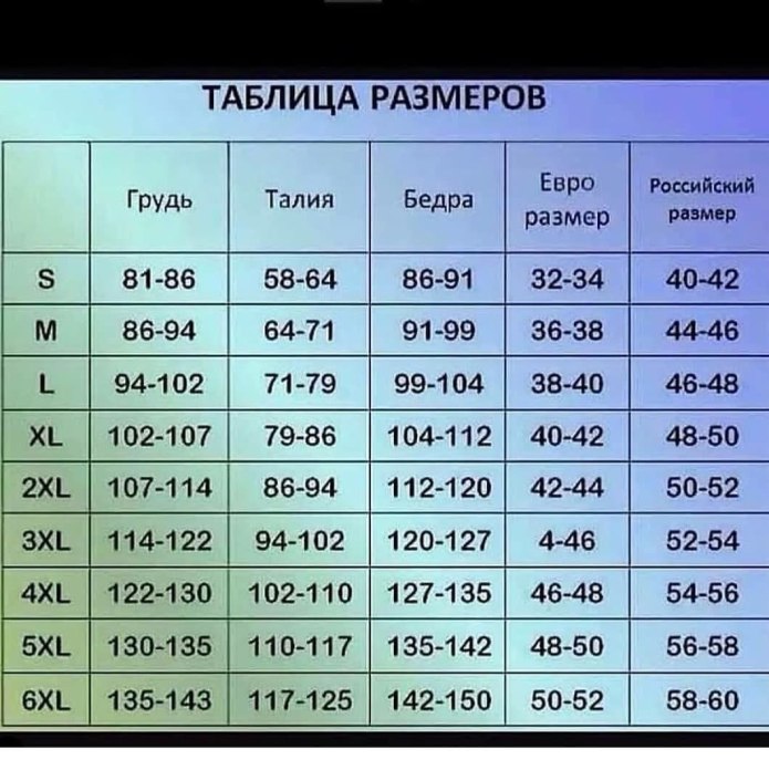 Размеры одежлицыды таб