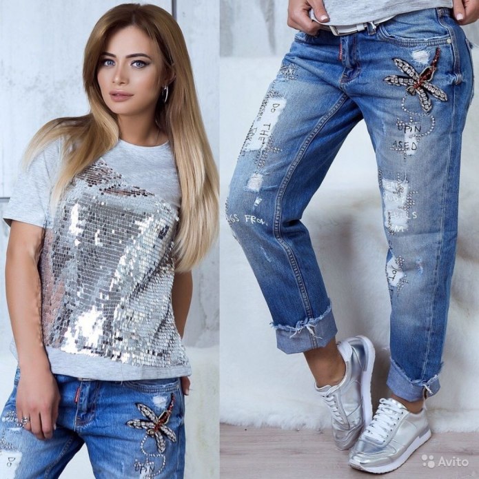 Женские джинсы бойфренды со стразами