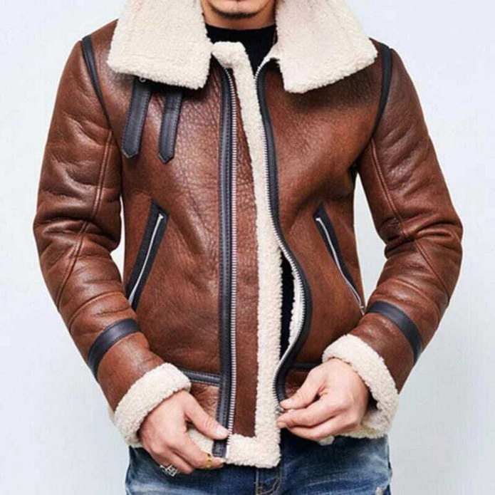 Mens Leather fur Collar куртка коричневая