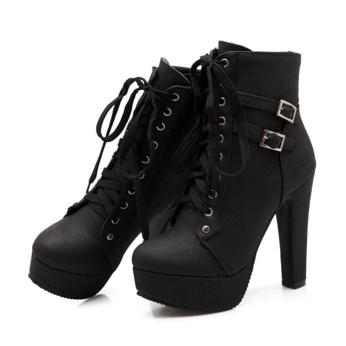 Lace up Black High Heel platform Ankle Boots