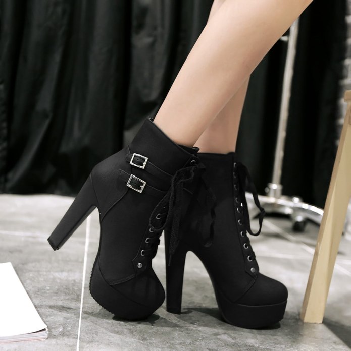 Lace up Black High Heel platform Ankle Boots